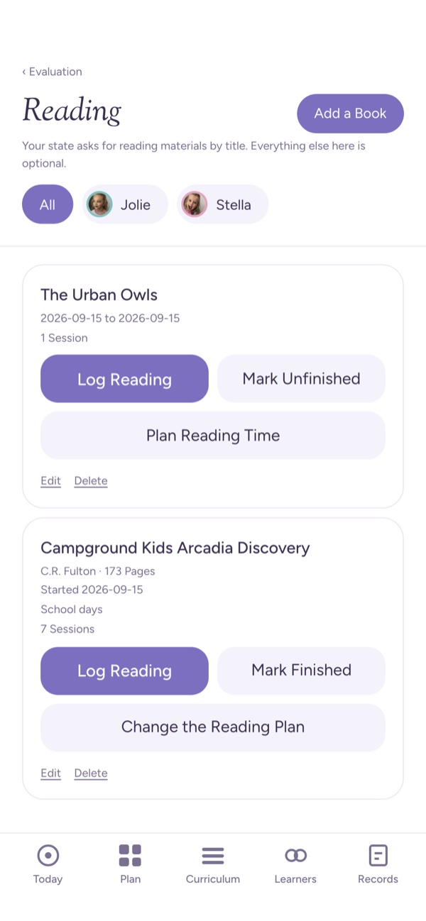 The reading list, with sittings logged against each book.
